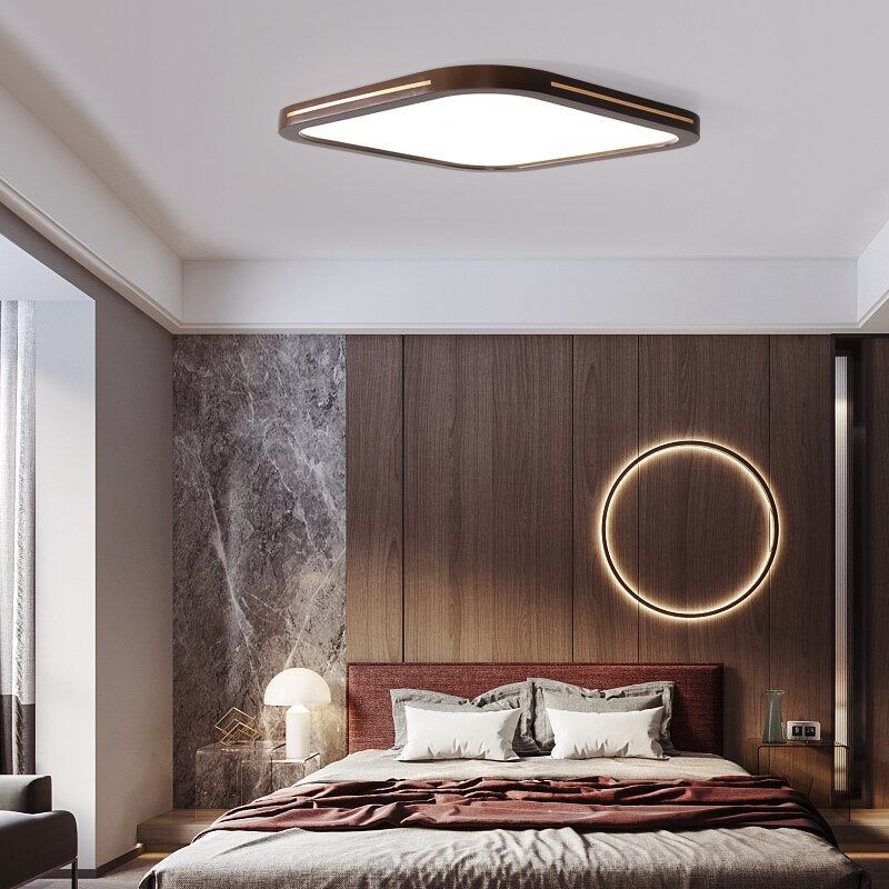 Ultra - Thin Solid Wood Living Room Chandeliers Modern Bedroom Lamp Rectangular Walnut Color Copper