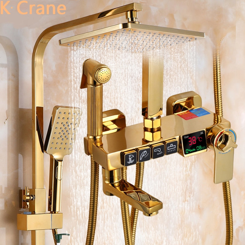 Golden Shower Set Bathroom Smart Digital System Wall Mount Thermostatic Bath Faucet Spa Rainfall