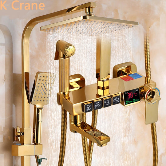 Golden Shower Set Bathroom Smart Digital System Wall Mount Thermostatic Bath Faucet Spa Rainfall