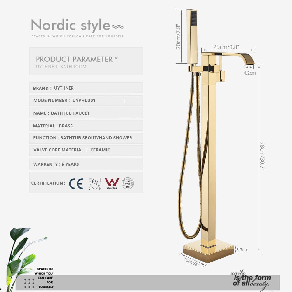 Floor Mounted Bathtub Faucet Set Gold Bath Tub Hot And Cold Water Shower Mixer Tap Waterfall Stand