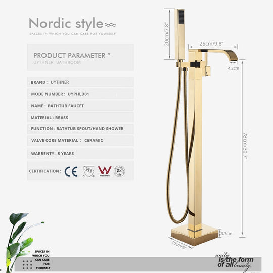 Floor Mounted Bathtub Faucet Set Gold Bath Tub Hot And Cold Water Shower Mixer Tap Waterfall Stand