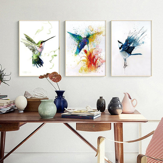 Bright Abstract Hummingbird Watercolor Canvas Art Perfect For Living Room Decor Printings