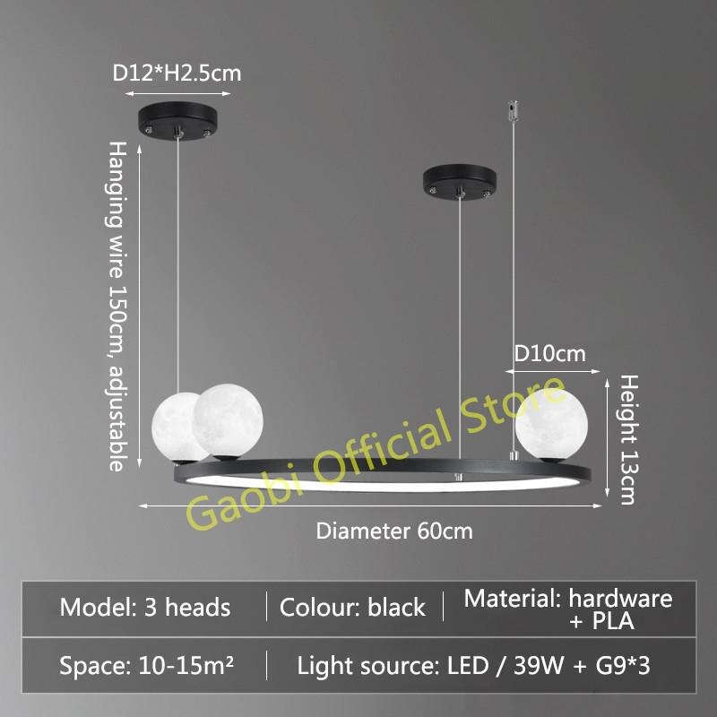 Modern Simple Moon Chandelier Lighting 3D Printing Black Or Gold Creative Led Hanging Lamp For