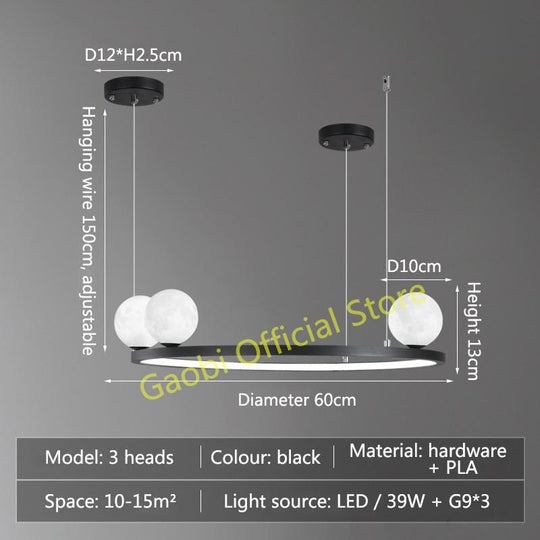 Modern Simple Moon Chandelier Lighting 3D Printing Black Or Gold Creative Led Hanging Lamp For