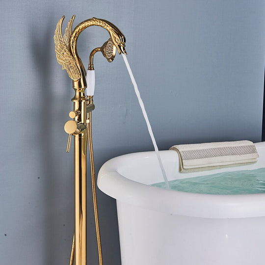 Luxury Golden Bathtub Faucet Swan 2 Features Hot And Cold Floor Standing Shower Faucet Faucets