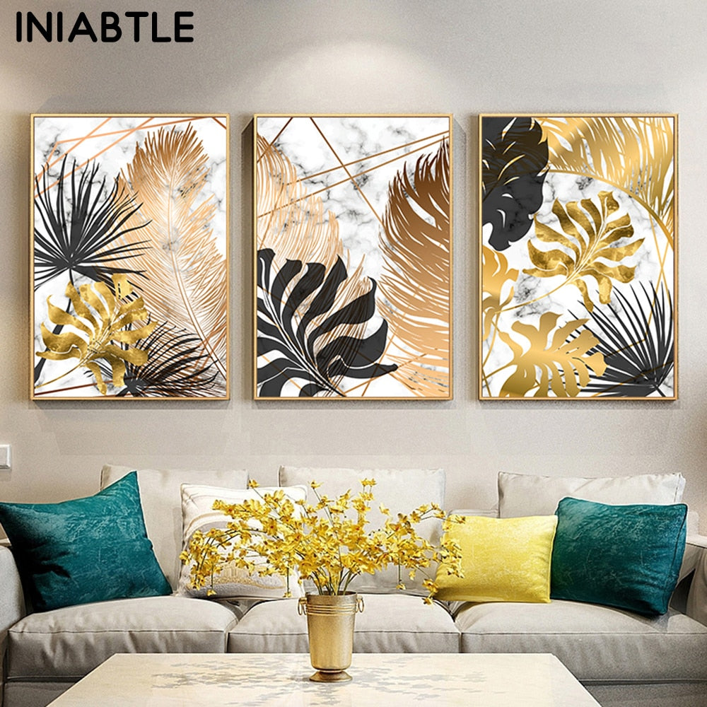 Golden Leaf & Marble Nordic Canvas - Abstract Modern Art For Home Decor Printings