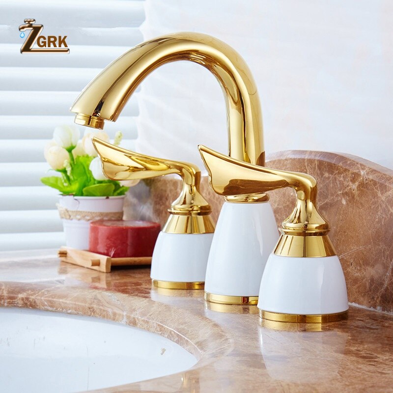 3 Pieces Set Bathtub Faucet Deck Mounted Gold Luxury Bathroom Tub Mixer Holes Widespread Bath Sink