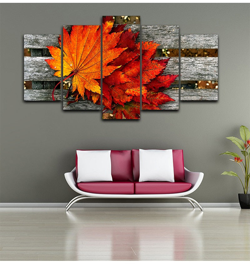 Five - Piece Hd Printed Maple Leaf Canvas Painting: Modern Modular Artwork For Living Room Wall
