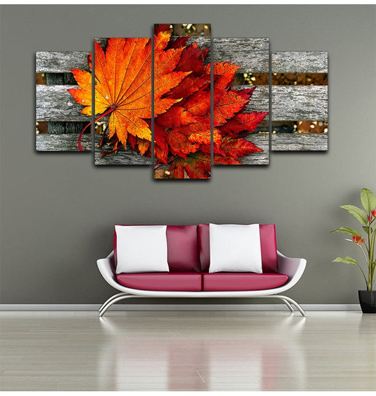 Five - Piece Hd Printed Maple Leaf Canvas Painting: Modern Modular Artwork For Living Room Wall