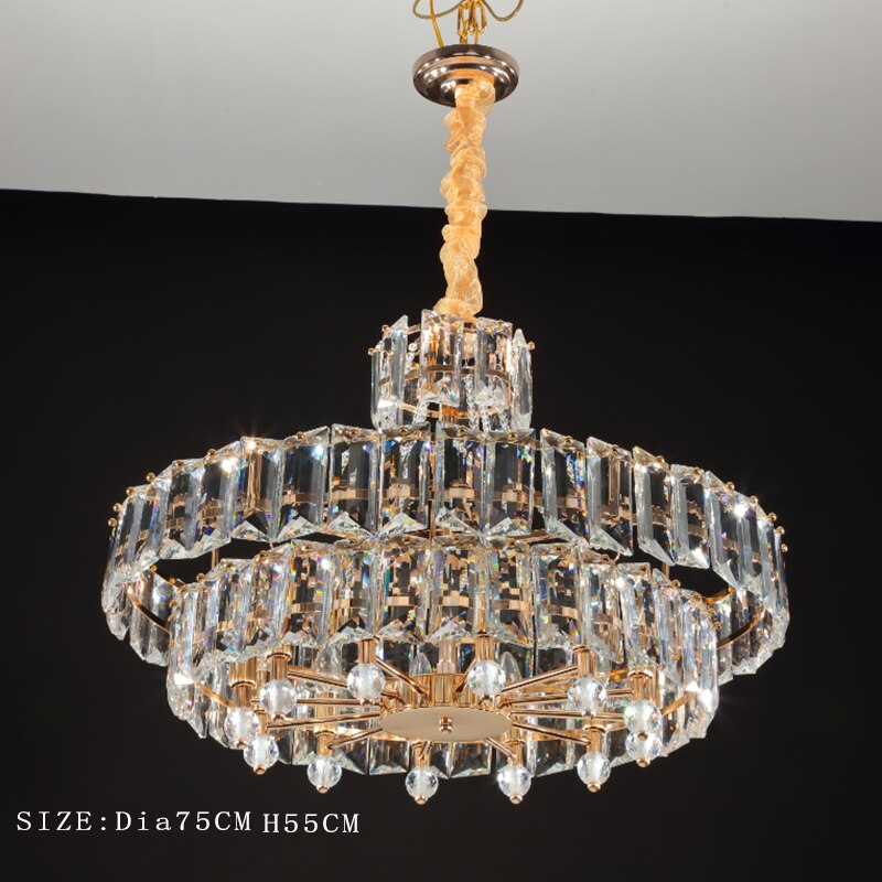 Modern Led Crystal Chandelier Lighting Living Room Luster Round Rectangle Golden Indoor Dia75Cm /