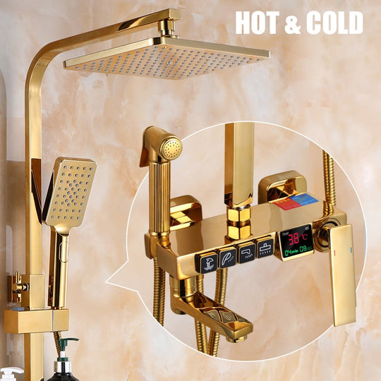 Golden Shower Set Bathroom Smart Digital System Wall Mount Thermostatic Bath Faucet Spa Rainfall