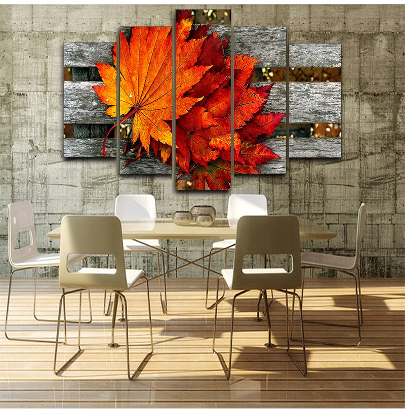 Five - Piece Hd Printed Maple Leaf Canvas Painting: Modern Modular Artwork For Living Room Wall