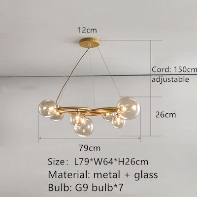 Modern Design Led Transparent Glass Ball Gray White Hanging Pendant Light 7 Balls / Gold Metal Warm