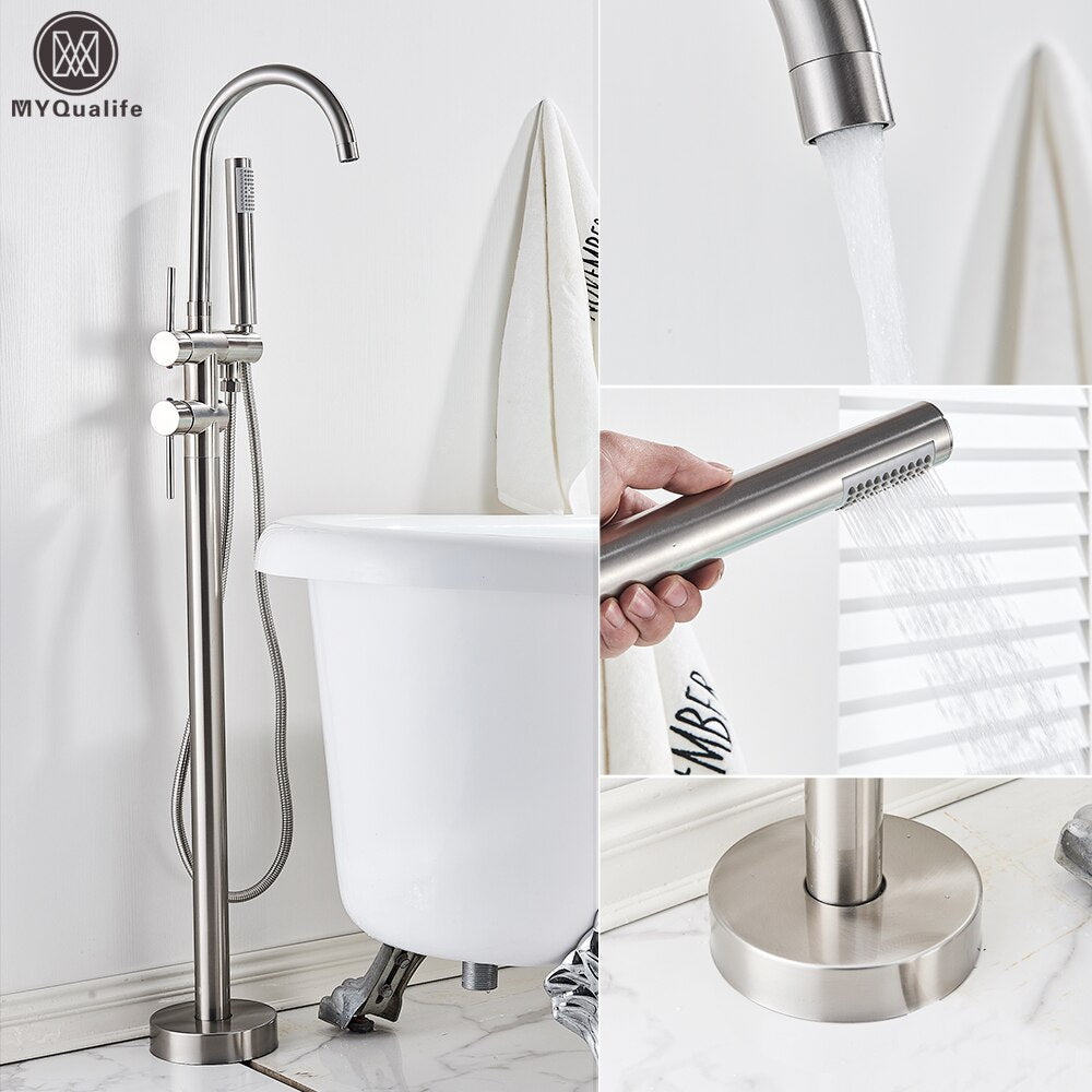 Floor Mounted Chrome Bath Tub Faucet Clawfoot Free Standing Mixer Tap With Handshower Single Lever