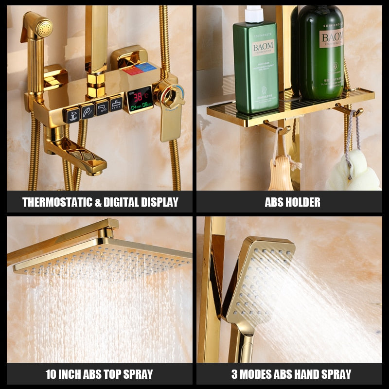 Golden Shower Set Bathroom Smart Digital System Wall Mount Thermostatic Bath Faucet Spa Rainfall