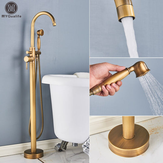 Floor Mounted Chrome Bath Tub Faucet Clawfoot Free Standing Mixer Tap With Handshower Single Lever