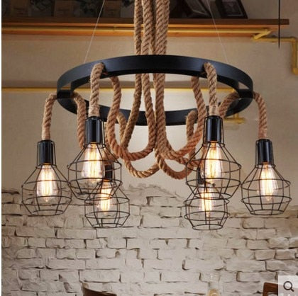 Vintage Loft American Hemp Rope Pendant Lamp Retro Industrial Hanging Lights Fixture Chandelier