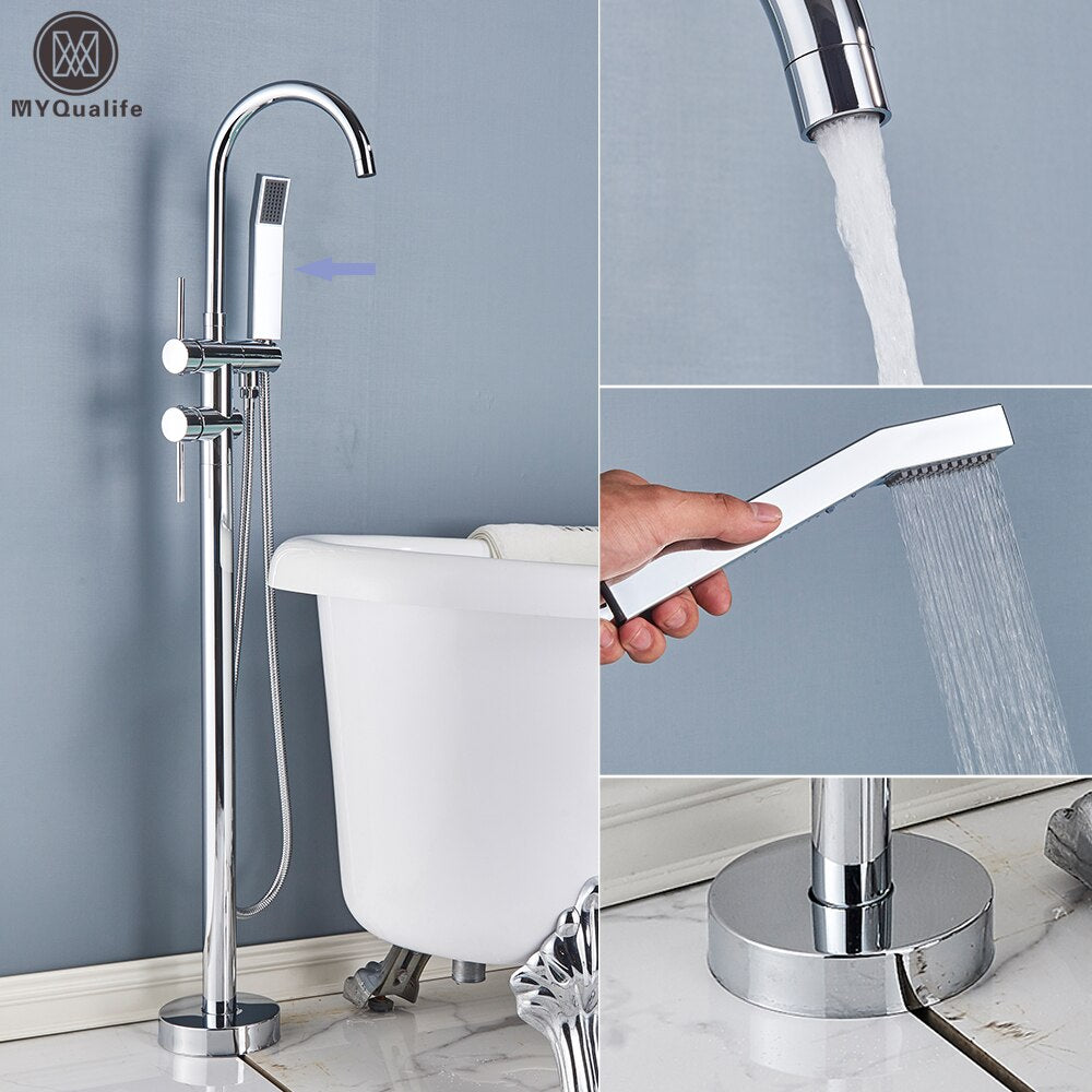 Floor Mounted Chrome Bath Tub Faucet Clawfoot Free Standing Mixer Tap With Handshower Single Lever