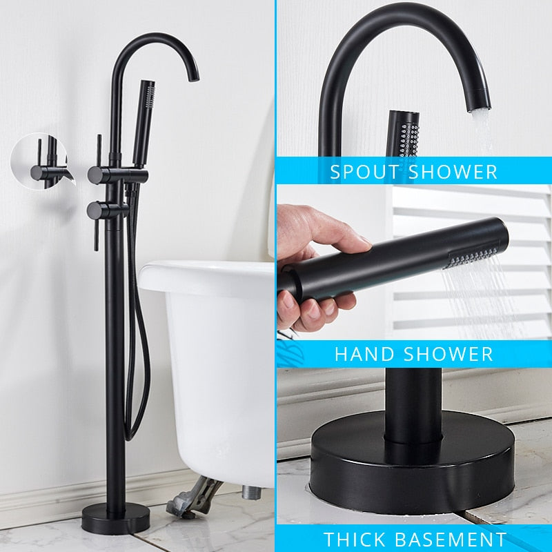 Freestanding Bathtub Faucet Set Floor Standing Bath Mixer Tap Dual Handle Black For Bathroom
