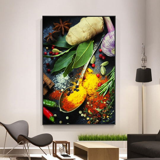 Grains Spices And Spoon Canvas Oil Painting: Kitchen Wall Art Painting