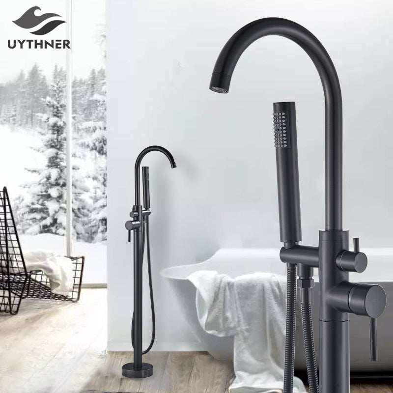 Freestanding Bathtub Faucet Set Floor Standing Bath Mixer Tap Dual Handle Black For Bathroom Faucets