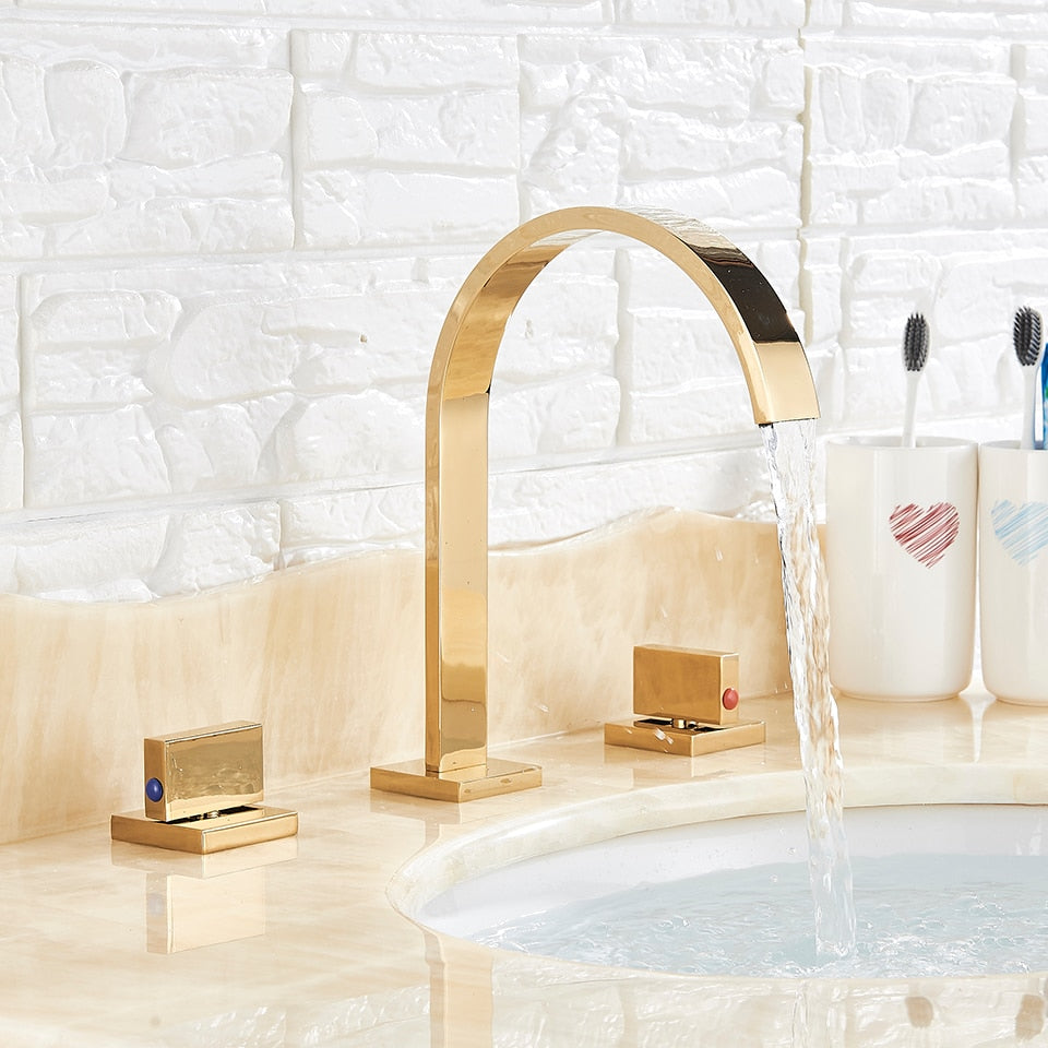 Gold Bathroom Basin Faucet Wash Sink Dual Handle Taps Deck Mounted Hot And Cold Water Mixer Tap