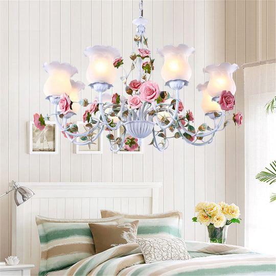 Floral E27 Led Chandelier White Flower Iron Alloy Chandeliers Dining Living Room Rose Lights Lamp