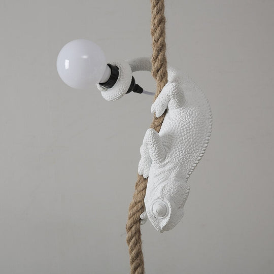 Artistic Resin Chameleon Pendant Light - White Hemp Rope Lamp For Living Room Study Unique Led