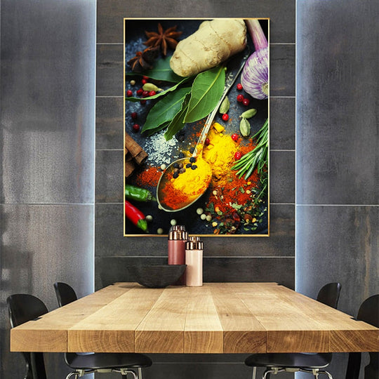 Grains Spices And Spoon Canvas Oil Painting: Kitchen Wall Art Painting