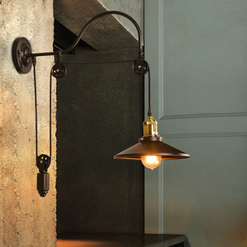 Vintage Retro Loft Wall Lamp Adjustable Iron Lifting Pulley Bedroom Study Office Restaurant Cafe