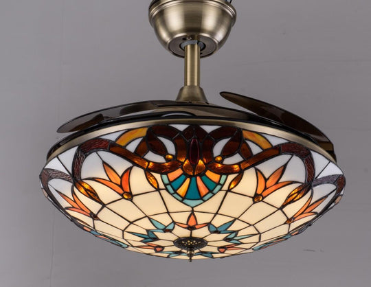 Tiffany - Style Invisible Ceiling Fan Lamp - Retro Mediterranean Design With Remote Control Fans