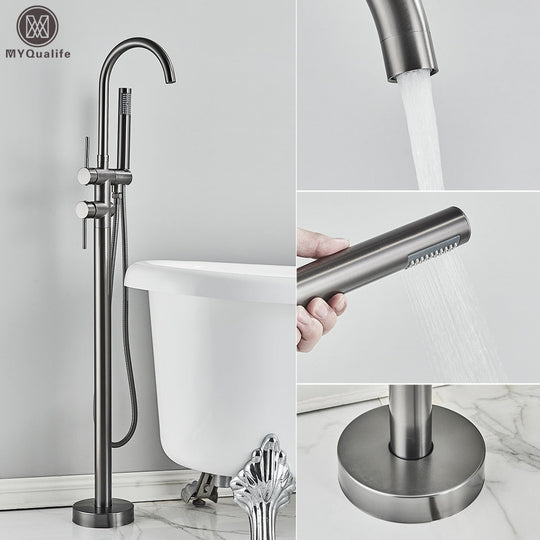 Floor Mounted Chrome Bath Tub Faucet Clawfoot Free Standing Mixer Tap With Handshower Single Lever