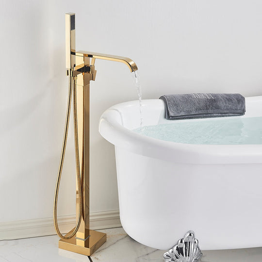 Floor Mounted Bathtub Faucet Set Gold Bath Tub Hot And Cold Water Shower Mixer Tap Waterfall Stand