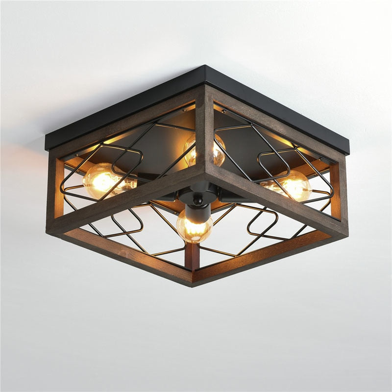 American Retro 4 - Head Ceiling Lamp Imitation Wood Art Industrial Style Living Room Bedroom Dining