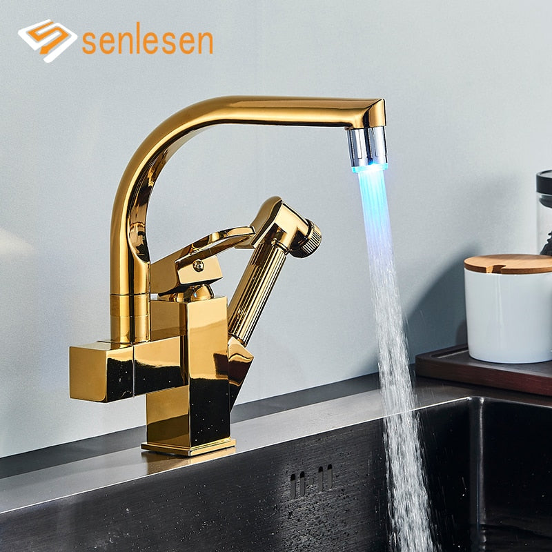 Kitchen Faucet Golden Brass Tap Bathroom Deck Mounted Pull Out Sprayer Gun Led Spout Hot And Cold