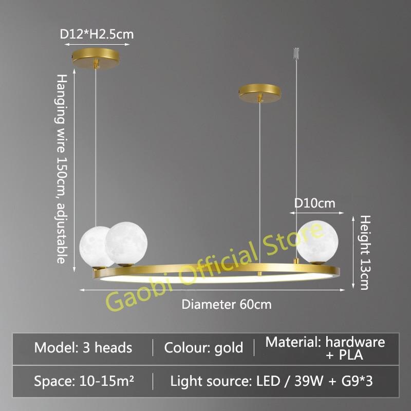 Modern Simple Moon Chandelier Lighting 3D Printing Black Or Gold Creative Led Hanging Lamp For