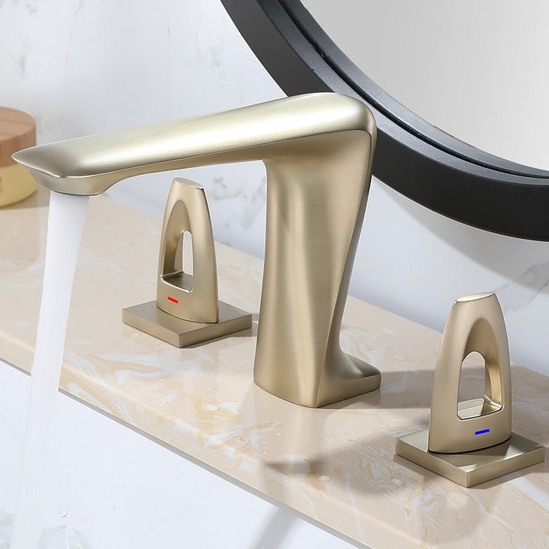 Basin Faucet Widespread Bathroom 8’ Sink 3 Hole Basin Mixer Copper Unique Design Brush Gold Faucets