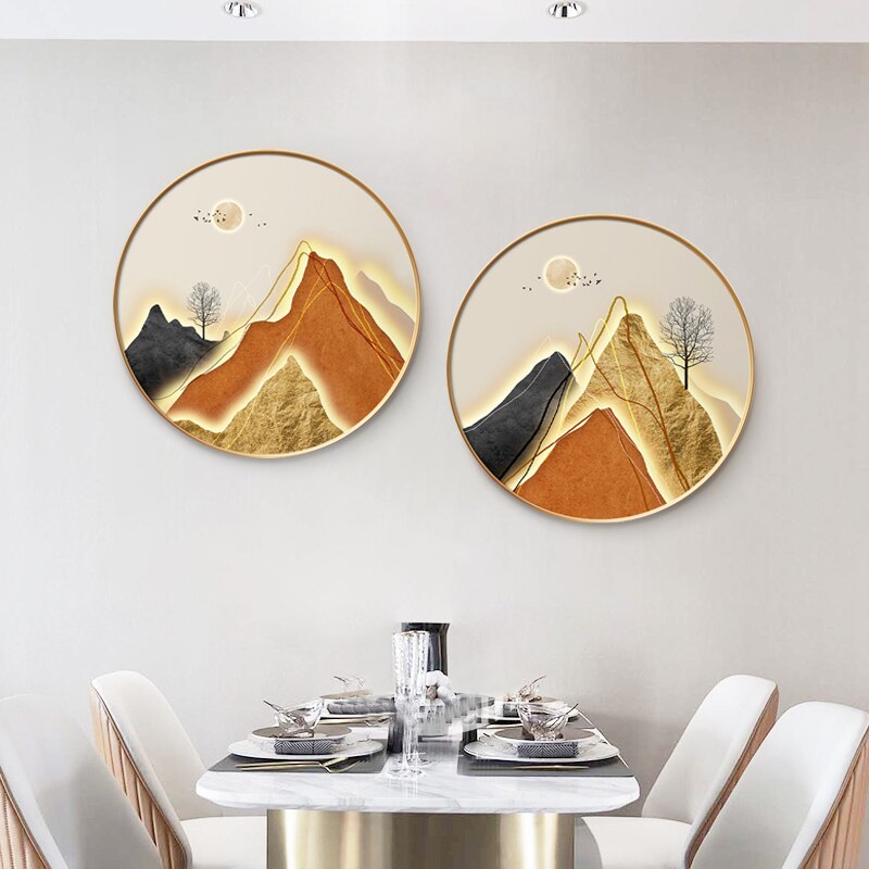 Modern Scandinavian Mountain Landscape Round Canvas Poster Print Wall Painting