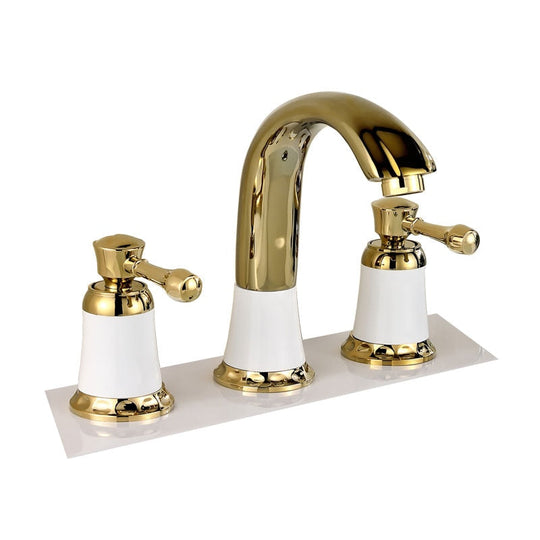 Bathroom Gold Lavatory Widespread Faucet Hot And Cold Three Holes Sink Mixer 8 Inch Sink Gold