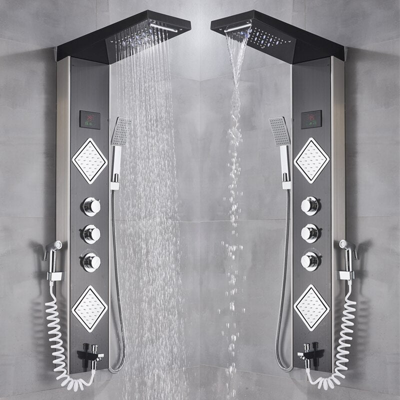 Luxury Brushed Nickle Bathroom Shower Faucet Led Panel Column Bathtub Mixer Tap W/Hand Temperature