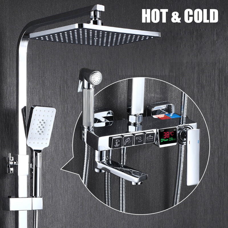 Golden Shower Set Bathroom Smart Digital System Wall Mount Thermostatic Bath Faucet Spa Rainfall