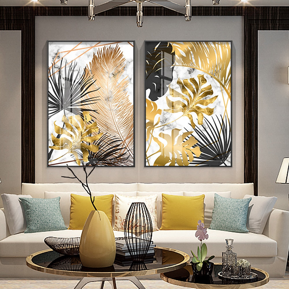 Golden Leaf & Marble Nordic Canvas - Abstract Modern Art For Home Decor Printings