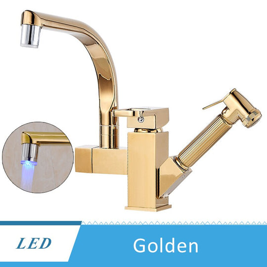 Kitchen Faucet Golden Brass Tap Bathroom Deck Mounted Pull Out Sprayer Gun Led Spout Hot And Cold