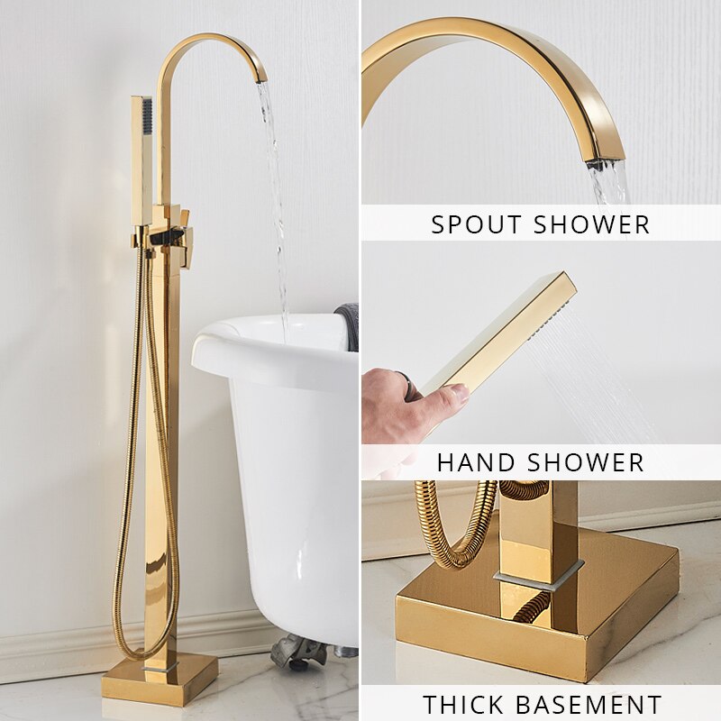 Floor Mounted Bathtub Faucet Set Gold Bath Tub Hot And Cold Water Shower Mixer Tap Waterfall Stand