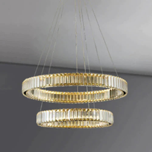 Stair Crystal Long Chandelier Rotating Ring Led Duplex Large E 30 + 50Cm / Stepless Dimming Pendant