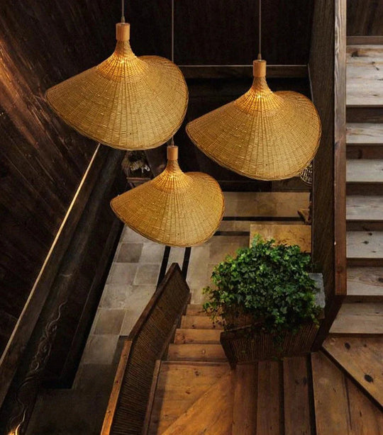 Bamboo Chandelier Rattan Straw Hat Lamp Stair Pendant