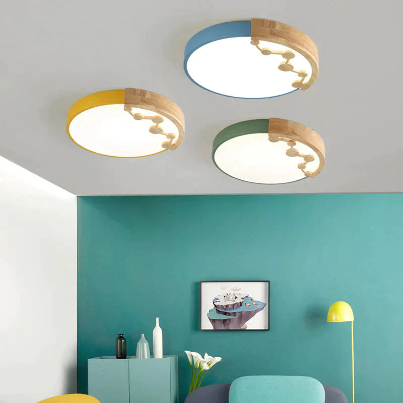 Led Round Original Wood Art Macaroon Colorful Ceiling Lamp Acrylic Wrought Iron Living Room Bedroom
