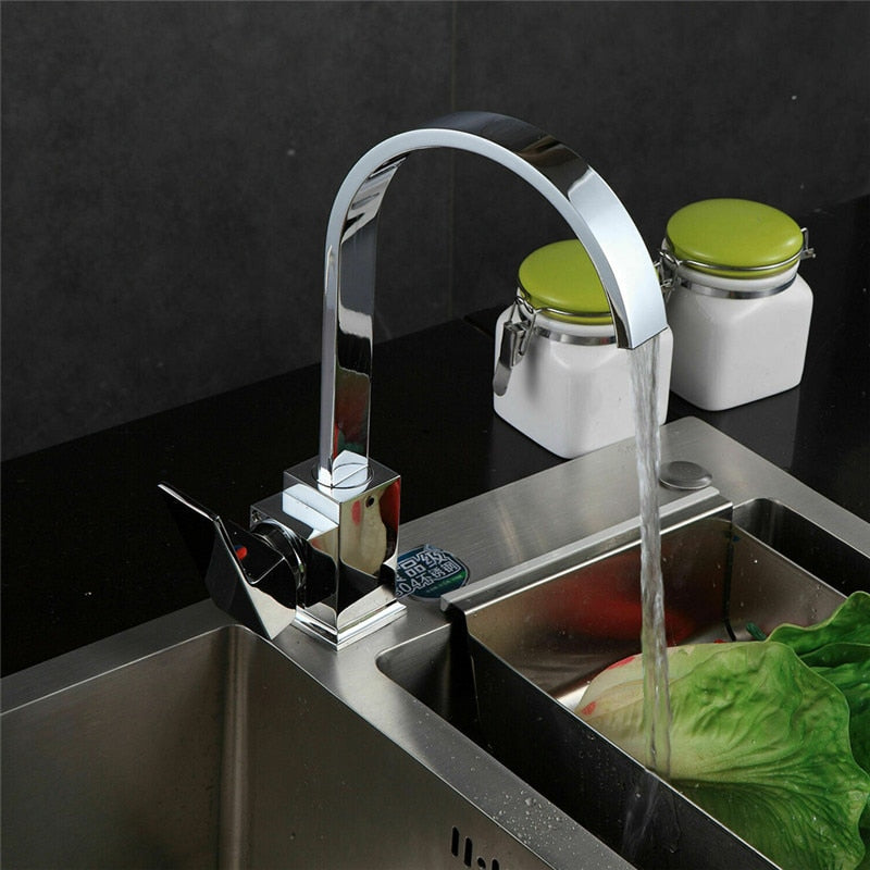 Stainless Steel Kitchen Faucet Single Square Flat Tube Hole Hot And Cold Sink Mixer Tap 360 Degree