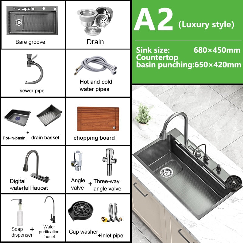 Waterfall Kitchen Sink Stainless Steel Embossed Washbasin Large Single Slot Left Drain