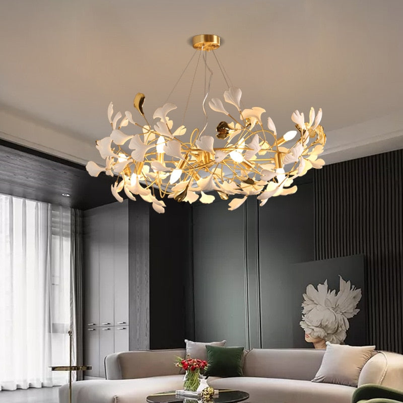 Modern Ceramic Petal Chandelier Nordic Design Ginkgo Branch Leaves Copper Led Lighting Living Room